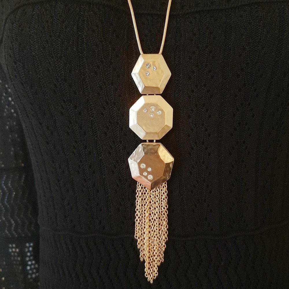 Chico's Hammered Gold Tone Hexagonal Tassel Long Necklace